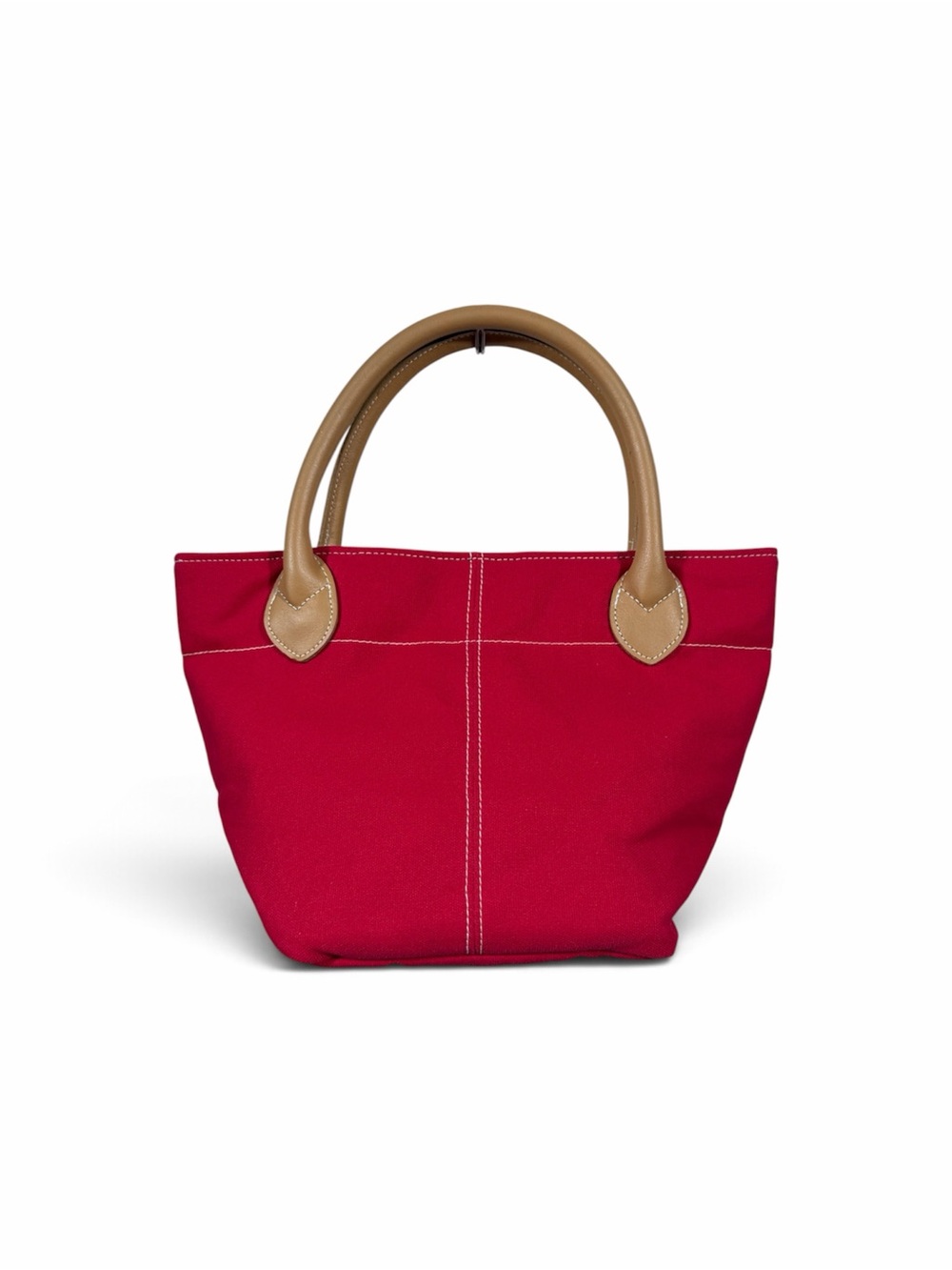 VTG Lillian Vernon Red Cotton Canvas Mini Tote Bag Tan Leather Handles EUC
